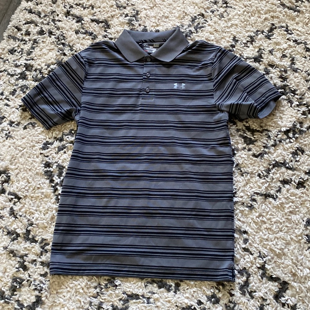 Mens gray and black striped underarmor golf polo